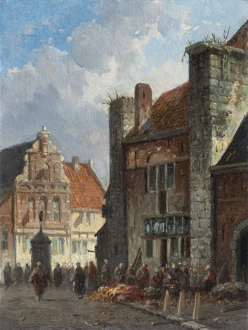 Hand-Painted Oil Painting Replica: Dutch Cityscape with a Vegetable Market in the Shade by Adrianus Eversen (Dafen Artist Studio)