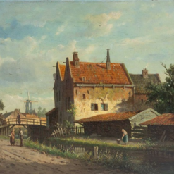 Hand painted oil painting replica of Figures along the city canal on a summer's day by Adrianus Eversen, Dutch 19th century canal townscape oil art by Dafen Studio artists