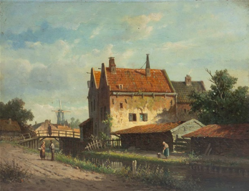 Hand-Painted Oil Painting Replica: Figures Along the City Canal on a Summer’s Day by Adrianus Eversen (Dafen Artist Studio)