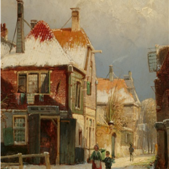 Hand painted oil painting replica of A Winter Street Scene in Holland by Adrianus Eversen, Dutch 19th century snowy townscape canvas art by Dafen Studio artists