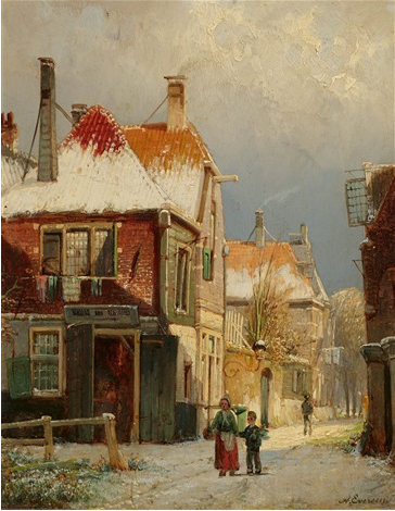 Hand-Painted Oil Painting Replica: A Winter Street Scene in Holland by Adrianus Eversen (Dafen Artist Studio)