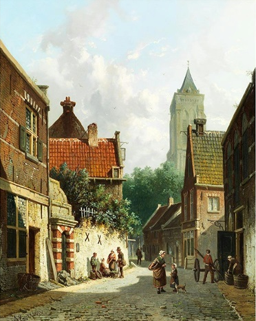 Hand-Painted Oil Painting Replica: Strassenansicht einer niederländischen Stadt by Adrianus Eversen (Dafen Artist Studio)