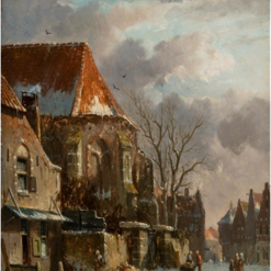 Hand painted oil painting replica of Winter cityscape with passersby by Adrianus Eversen, Dutch 19th century snowy townscape canvas art by Dafen Studio artists