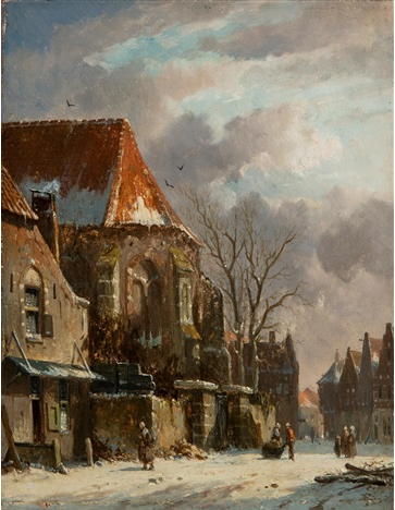 Hand-Painted Oil Painting Replica: Winter Cityscape with Passersby by Adrianus Eversen (Dafen Artist Studio)