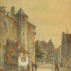Hand painted oil painting replica of A Dutch street with a group of figures conversing by Adrianus Eversen, Dutch 19th century townscape canvas art by Dafen Studio artists