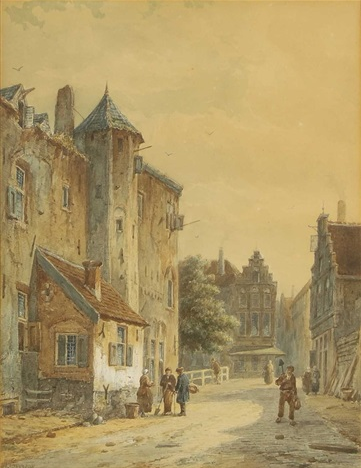 Hand-Painted Oil Painting Replica: A Dutch Street with a Group of Figures Conversing by Adrianus Eversen (Dafen Artist Studio)