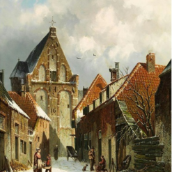 Hand painted oil painting replica of Winterliche Strassenansicht mit Kirche winter street view with church by Adrianus Eversen, Dutch 19th century snowy cityscape canvas art by Dafen Studio artists