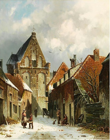 Hand-Painted Oil Painting Replica: Winterliche Strassenansicht mit Kirche by Adrianus Eversen (Dafen Artist Studio)