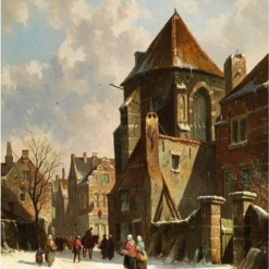 Hand painted oil painting replica of Holländische Stadtansicht mit alter Kirche Dutch town view with old church by Adrianus Eversen, Dutch 19th century architectural canvas art by Dafen Studio artists