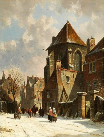 Hand-Painted Oil Painting Replica: Holländische Stadtansicht mit alter Kirche by Adrianus Eversen (Dafen Artist Studio)