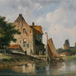 Hand painted oil painting replica of Zaandam Holland by Adrianus Eversen, Dutch 19th century canal townscape canvas art by Dafen Studio artists