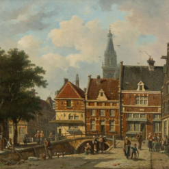 Hand painted oil painting replica of View of the Zuiderspui in Enkhuizen with the Sint-Pancras Church by Adrianus Eversen, Dutch 19th century canal townscape canvas art by Dafen Studio artists