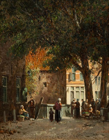 Hand-Painted Oil Painting Replica: Dutch Street Scene with Vegetable Sellers by Adrianus Eversen (Dafen Artist Studio)
