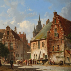 Hand painted oil painting replica of Street scene in a Dutch town by Adrianus Eversen, 19th century Dutch architecture canvas art by Dafen Studio artists