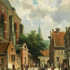 Hand painted oil painting replica of Straßenansicht mit Händlern in Haarlem by Adrianus Eversen, Dutch 19th century street scene with merchants canvas art by Dafen Studio artists