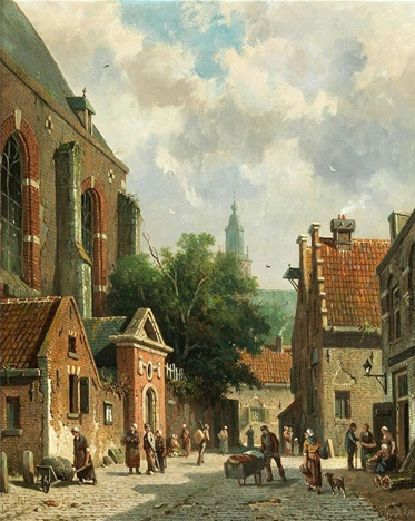 Hand-Painted Oil Painting Replica: Straßenansicht mit Händlern in Haarlem by Adrianus Eversen (Dafen Artist Studio)