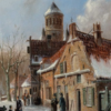 Hand-Painted Oil Painting Replica: View of a Town in Winter by Adrianus Eversen (Dafen Artist Studio) 2 Hand painted oil painting replica of View of a Town in Winter by Adrianus Eversen, 19th century Dutch snow landscape canvas art by Dafen Studio artists