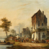 Hand-Painted Oil Painting Replica: View of a Town with Figures by a River (Follower of Adrianus Eversen) | Dafen Artist Studio 2 Hand painted oil painting replica of View of a Town with Figures by a River in the style of Adrianus Eversen, 19th century Dutch river townscape canvas art by Dafen Studio artists