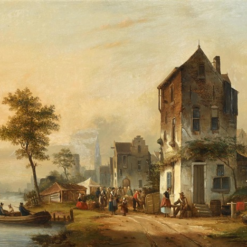 Hand painted oil painting replica of View of a Town with Figures by a River in the style of Adrianus Eversen, 19th century Dutch river townscape canvas art by Dafen Studio artists