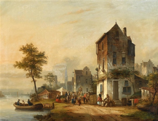 Hand-Painted Oil Painting Replica: View of a Town with Figures by a River (Follower of Adrianus Eversen) | Dafen Artist Studio