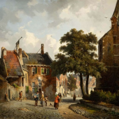 Hand painted oil painting replica of Neighbourly chat in a Dutch town in summer 1857 by Adrianus Eversen, 19th century Dutch genre townscape canvas art by Dafen Studio artists