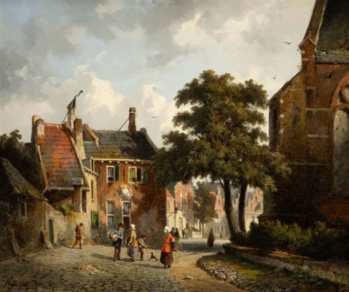 Hand-Painted Oil Painting Replica: Neighbourly Chat in a Dutch Town in Summer (1857) by Adrianus Eversen (Dafen Artist Studio)