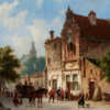 Hand-Painted Oil Painting Replica: Horse and Carriage in a Sunny Street by Adrianus Eversen (Dafen Artist Studio) 1 Hand painted oil painting replica of Horse and Carriage and Figures in a Sunny Street by Adrianus Eversen, 19th century Dutch townscape canvas art by Dafen Studio artists