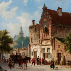 Hand painted oil painting replica of Horse and Carriage and Figures in a Sunny Street by Adrianus Eversen, 19th century Dutch townscape canvas art by Dafen Studio artists