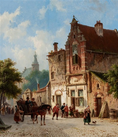 Hand-Painted Oil Painting Replica: Horse and Carriage in a Sunny Street by Adrianus Eversen (Dafen Artist Studio)