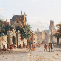 Hand painted oil painting replica of Busy Street in a Dutch Town 1854 by Adrianus Eversen, 19th century Dutch townscape canvas art by Dafen Studio artists