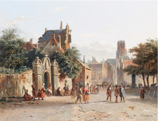 Hand-Painted Oil Painting Replica: Busy Street in a Dutch Town (1854) by Adrianus Eversen (Dafen Artist Studio)