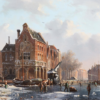 Hand-Painted Oil Painting Replica: Frozen Canal in a Dutch Town by Adrianus Eversen (Dafen Artist Studio) 1 Hand painted oil painting replica of Frozen Canal in a Dutch Town by Adrianus Eversen, 19th century Dutch winter townscape canvas art by Dafen Studio artists