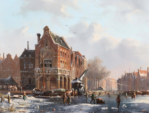 Hand-Painted Oil Painting Replica: Frozen Canal in a Dutch Town by Adrianus Eversen (Dafen Artist Studio)