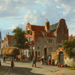 Hand painted oil painting replica pair of Summer View of a Town with a Haywain and Dutch Canal Scene 1855 by Adrianus Eversen, 19th century Dutch townscape canvas art set by Dafen Studio artists