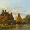 Hand-Painted Oil Painting Replica: Little Dutch Town at the River by Adrianus Eversen (Dafen Artist Studio) 1 Hand painted oil painting replica of Little Dutch Town at the River by Adrianus Eversen, 19th century Dutch riverside townscape canvas art by Dafen Studio artists