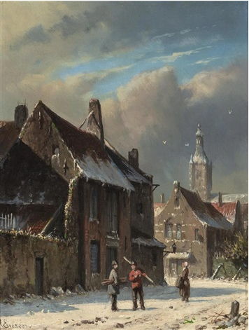 Hand-Painted Oil Painting Replica: Figures in a Snow covered Street of a Dutch Town by Adrianus Eversen (Dafen Artist Studio)