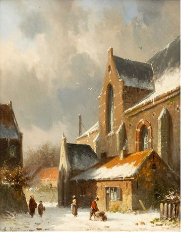 Hand-Painted Oil Painting Replica: A Dutch Village in Winter by Adrianus Eversen (Dafen Artist Studio)