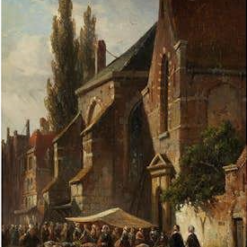 Hand painted oil painting replica of Markttag bei der Kirche Market Day by the Church by Adrianus Eversen, 19th century Dutch townscape market scene canvas art by Dafen Studio artists