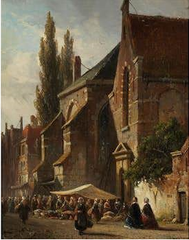Hand-Painted Oil Painting Replica: Markttag bei der Kirche (Market Day by the Church) by Adrianus Eversen (Dafen Artist Studio)