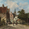 Hand-Painted Oil Painting Replica: Figures in a Sunlit Dutch Town by Adrianus Eversen (Dafen Artist Studio) 1 Hand painted oil painting replica of Figures in a Sunlit Dutch Town by Adrianus Eversen, 19th century Dutch townscape canvas art by Dafen Studio artists