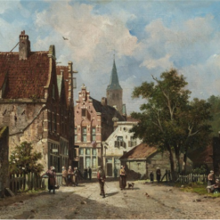 Hand painted oil painting replica of Figures in a Sunlit Dutch Town by Adrianus Eversen, 19th century Dutch townscape canvas art by Dafen Studio artists