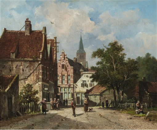 Hand-Painted Oil Painting Replica: Figures in a Sunlit Dutch Town by Adrianus Eversen (Dafen Artist Studio)