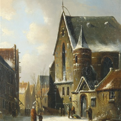 Hand painted oil painting replica of Holländische Dorfstraße im Winter Dutch Village Street in Winter by Adrianus Eversen, 19th century Dutch snowscape canvas art by Dafen Studio artists