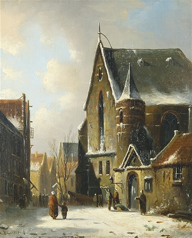 Hand-Painted Oil Painting Replica: Holländische Dorfstraße im Winter (Dutch Village Street in Winter) by Adrianus Eversen (Dafen Artist Studio)