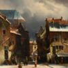 Hand-Painted Oil Painting - Dutch Town in Winter (In the Style of Adrianus Eversen) | Dafen Studio Collection 1 100% hand-painted oil painting reproduction of Adrianus Eversen Dutch town in winter featuring Janskerk Haarlem