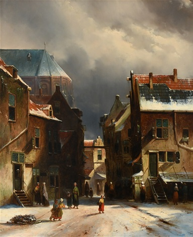 Hand-Painted Oil Painting – Dutch Town in Winter (In the Style of Adrianus Eversen) | Dafen Studio Collection