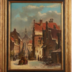 100% hand-painted oil reproduction of Adrianus Eversen Winter in the Village oil on panel painting