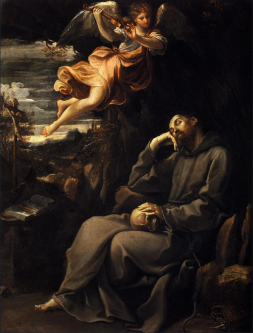 Hand-Painted Baroque Masterpiece Replica: Saint Francis Accompanied by an Angel Musician by Guido Reni – Fine Oil Painting
