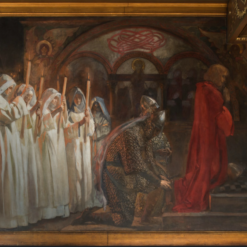 Hand-painted oil painting reproduction of Sir Lancelot and Sir Bors Outfit Galahad with His Spurs by Edwin Austin Abbey, crafted in Dafen Oil Painting Village studio