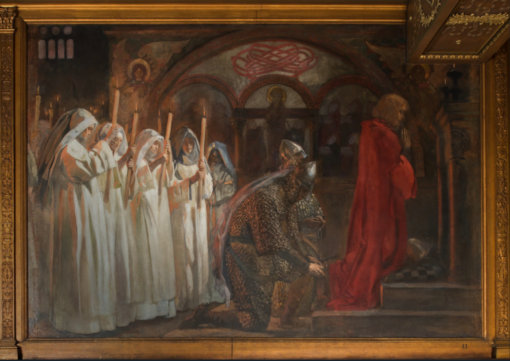 Hand-Painted Oil Painting Reproduction – Sir Lancelot and Sir Bors Outfit Galahad with His Spurs by Edwin Austin Abbey | Dafen Studio Fine Art